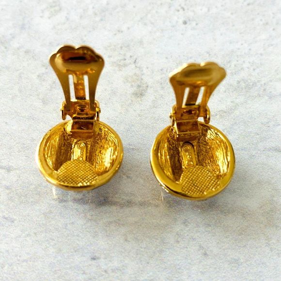 Vintage Christian Dior Black Enamel Rhinestone Earrings Gold Plate Hexagonal 90s - Picture 4 of 5